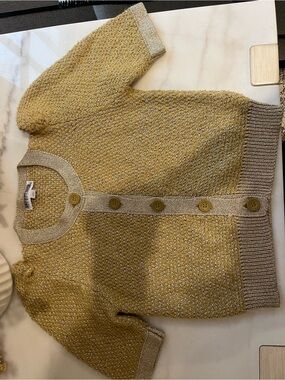 See By Chloe Short-Sleeve Button Cardigan in Mustard Yellow with Taupe Trim